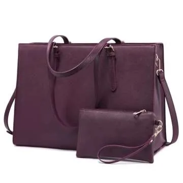 LOVEVOOK Laptop Bag for Women, Fashion Computer Tote Bag Large Capacity Handbag, Leather Shoulder Bag Purse Set, Professional Business Work Briefcase for Office Lady, 2PCs, 15.6-Inch, Deep Plum