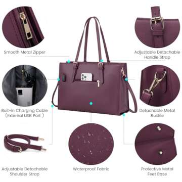 LOVEVOOK Laptop Bag for Women, Fashion Computer Tote Bag Large Capacity Handbag, Leather Shoulder Bag Purse Set, Professional Business Work Briefcase for Office Lady, 2PCs, 15.6-Inch, Deep Plum