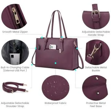 LOVEVOOK Laptop Bag for Women, Fashion Computer Tote Bag Large Capacity Handbag, Leather Shoulder Bag Purse Set, Professional Business Work Briefcase for Office Lady, 2PCs, 15.6-Inch, Deep Plum