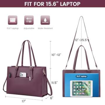LOVEVOOK Laptop Bag for Women, Fashion Computer Tote Bag Large Capacity Handbag, Leather Shoulder Bag Purse Set, Professional Business Work Briefcase for Office Lady, 2PCs, 15.6-Inch, Deep Plum