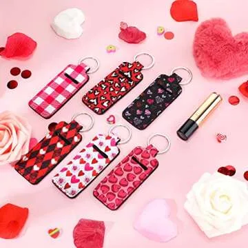 Patelai 6 Pieces Valentine Lipstick Holder Keychains Clip on Sleeve Lipstick Pouch Lipstick Holder Lip Balm Lipstick Holder Keychain with Metal Key Ring Chain for Girls Women
