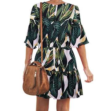 BELONGSCI Women's Summer Dress Sweet V-Neck Half Bell Sleeve Floral Party Short Mini Dress Green Leaf