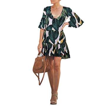 BELONGSCI Women's Summer Dress Sweet V-Neck Half Bell Sleeve Floral Party Short Mini Dress Green Leaf