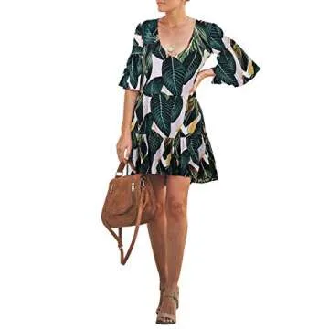 BELONGSCI Women's Summer Dress Sweet V-Neck Half Bell Sleeve Floral Party Short Mini Dress Green Leaf