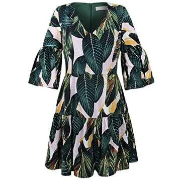BELONGSCI Women's Summer Dress Sweet V-Neck Half Bell Sleeve Floral Party Short Mini Dress Green Leaf