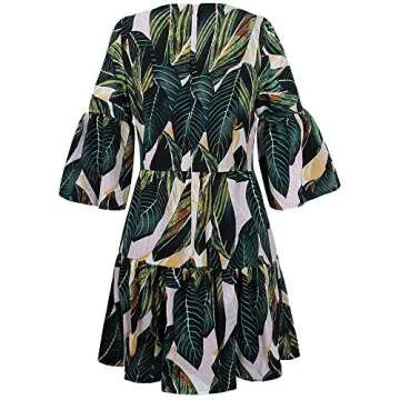 BELONGSCI Women's Summer Dress Sweet V-Neck Half Bell Sleeve Floral Party Short Mini Dress Green Leaf