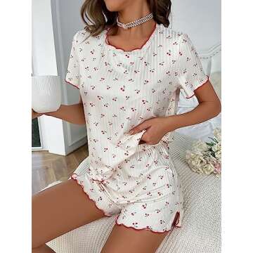 SOLY HUX Pajama Set for Women Cute Print Short Sleeve Tee and Shorts Lounge Sleepwear Beige Cherry L