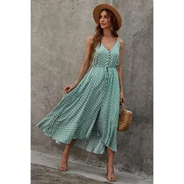 BROVAVE Women's 2025 Summer Casual Boho Sundress Polka Dot Spaghetti Strap V Neck Flowy Midi Dresses(008 Green, Small)