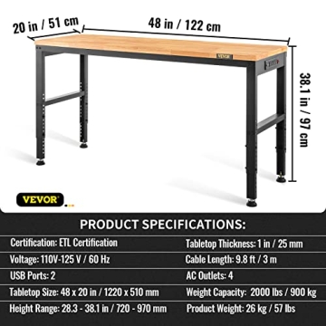 VEVOR Adjustable Workbench with Power Outlets and Hardwood Top