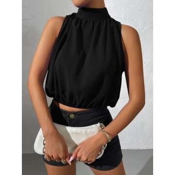 SOLY HUX Womens Halter Tops Sleeveless High Neck Summer Crop Tops Dressy Casual Blouses Solid Black L