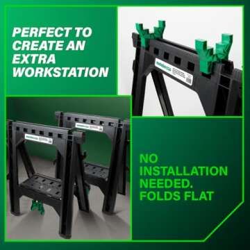 Metabo HPT Sawhorses 2 Pack Folding Heavy Duty, Weather-Resistant Lightweight Portable, 1200Lb Capacity, Saw horses brackets 2x4, Built-in Saw Horse Shelf and Cord Hooks, Fold Flat, 115445M