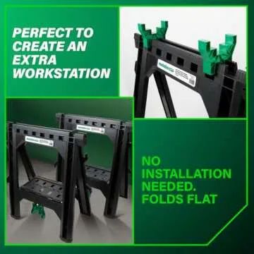 Metabo HPT Sawhorses 2 Pack Folding Heavy Duty, Weather-Resistant Lightweight Portable, 1200Lb Capacity, Saw horses brackets 2x4, Built-in Saw Horse Shelf and Cord Hooks, Fold Flat, 115445M