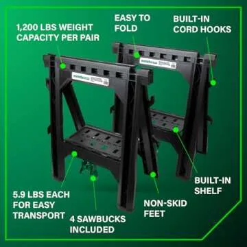 Metabo HPT Sawhorses 2 Pack Folding Heavy Duty, Weather-Resistant Lightweight Portable, 1200Lb Capacity, Saw horses brackets 2x4, Built-in Saw Horse Shelf and Cord Hooks, Fold Flat, 115445M