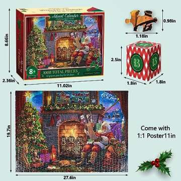 Advent Calendar 2023 Jigsaw Puzzles for Adults and Kids, 24 Parts 1008 Pieces Christmas Santa by the Fireplace Holiday Puzzles, Christmas Countdown Calendar Gifts for Women Men,19.7 inches x 27.6 inch