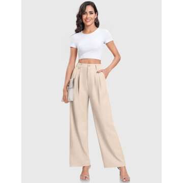 TARSE Womens Business Casual Dress Pants Wide Leg Work Trousers Palazzo Flowy High Elastic Waisted Pants with Pockets