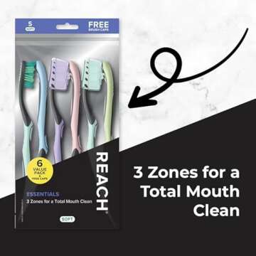 Reach Essentials Toothbrush with Toothbrush Caps, Multi-Zoned Angled Soft Bristles, Contoured Handle, Tongue Scraper, 6 Count