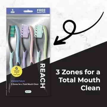 Reach Essentials Toothbrush with Toothbrush Caps, Multi-Zoned Angled Soft Bristles, Contoured Handle, Tongue Scraper, 6 Count