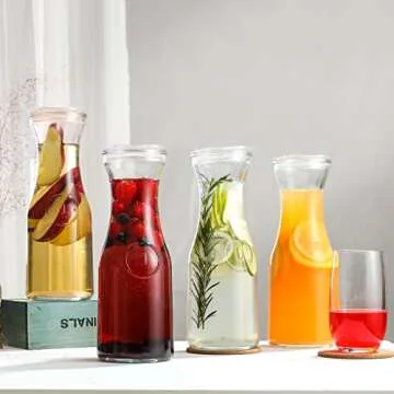 4 Pack Glass Carafes with Acrylic Lids, 35 Oz Water Pitcher Juice Container for Brunch, Mimosa Bar, Beverage, Wine, Iced Tea, Lemonade - 4 Wooden Chalkboard Tags