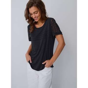 AUTOMET Women's Short Sleeve Dressy Tops Lace Summer Tops 2025 Trendy Crewneck Casual T-Shirts Work Outfits Blouses Black S