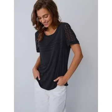 AUTOMET Women's Short Sleeve Dressy Tops Lace Summer Tops 2025 Trendy Crewneck Casual T-Shirts Work Outfits Blouses Black S