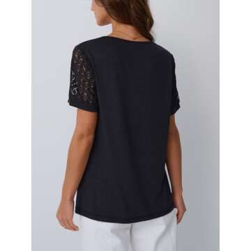 AUTOMET Women's Short Sleeve Dressy Tops Lace Summer Tops 2025 Trendy Crewneck Casual T-Shirts Work Outfits Blouses Black S