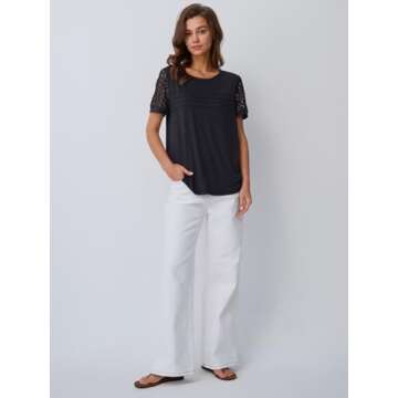 AUTOMET Women's Short Sleeve Dressy Tops Lace Summer Tops 2025 Trendy Crewneck Casual T-Shirts Work Outfits Blouses Black S