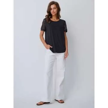 AUTOMET Women's Short Sleeve Dressy Tops Lace Summer Tops 2025 Trendy Crewneck Casual T-Shirts Work Outfits Blouses Black S