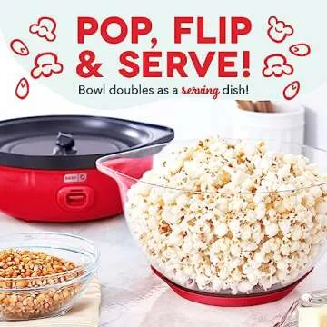 DASH SmartStore™ Deluxe Stirring Popcorn Maker, Hot Oil Electric Popcorn Machine with Large Lid for Serving Bowl and Convenient Storage, 24 Cups – Red