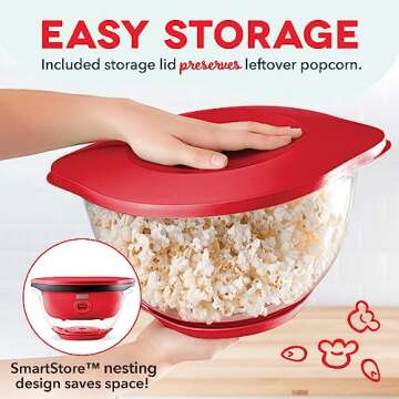 DASH SmartStore™ Deluxe Stirring Popcorn Maker, Hot Oil Electric Popcorn Machine with Large Lid for Serving Bowl and Convenient Storage, 24 Cups – Red