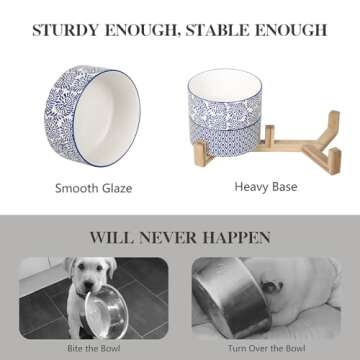 Selamica Ceramic 14 OZ Dog Bowls, Dog Food and Water Bowls with Wooden Stand, Anti-Slip Dog Dishes Set for Cats & Small Dogs, Weighted Pet Bowls Set of 2, Vintage Blue B