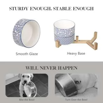 Selamica Ceramic 14 OZ Dog Bowls, Dog Food and Water Bowls with Wooden Stand, Anti-Slip Dog Dishes Set for Cats & Small Dogs, Weighted Pet Bowls Set of 2, Vintage Blue B