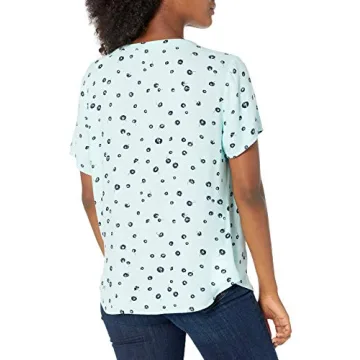Amazon Essentials Women's Relaxed-Fit Short-Sleeve Woven Blouse, Aqua Blue Poppy, Small