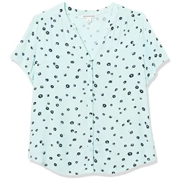 Amazon Essentials Women's Relaxed-Fit Short-Sleeve Woven Blouse, Aqua Blue Poppy, Small