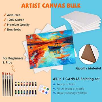Canvases for Painting, Acrylic Paint Set, Painting Supplies with 6 Cotton Canvas Panels, 4 Stretched Canvas 11x14 inches, 16 Acrylic Paints, 6 Brushes, Painting Canvas Set for Multimedia