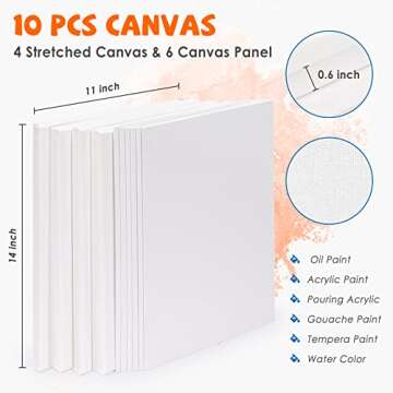 Canvases for Painting, Acrylic Paint Set, Painting Supplies with 6 Cotton Canvas Panels, 4 Stretched Canvas 11x14 inches, 16 Acrylic Paints, 6 Brushes, Painting Canvas Set for Multimedia