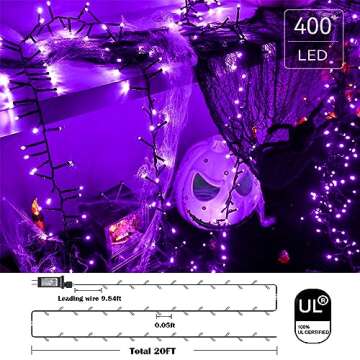 ZHOUDUIDUI Purple Halloween Lights 400 LED Cluster Lights String 19.7FT 8Modes Waterproof for Indoor Outdoor Halloween Christmas Garland Party Room Decor