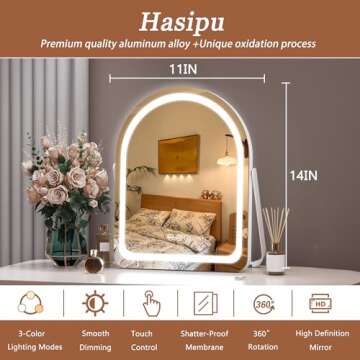 Hasipu Vanity Mirror with Lights, 11"× 14" Arched LED Makeup Mirror, Lighted Makeup Mirror with Lights, Smart Touch Control Dimmable 3 Modes Light 360°Rotation White