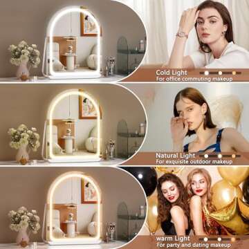 Hasipu Vanity Mirror with Lights, 11"× 14" Arched LED Makeup Mirror, Lighted Makeup Mirror with Lights, Smart Touch Control Dimmable 3 Modes Light 360°Rotation White