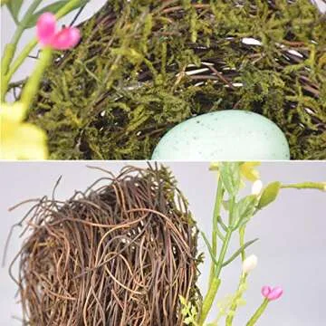 GREENSTORE 2PCS Easter Simulation Bird Nest with Eggs, Handmade Rattan Bird Nest with Flowers and Eggs, Easter Wreath Decorative Birds Nest for Front Door Wall Home Decor Party