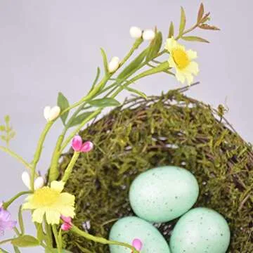 GREENSTORE 2PCS Easter Simulation Bird Nest with Eggs, Handmade Rattan Bird Nest with Flowers and Eggs, Easter Wreath Decorative Birds Nest for Front Door Wall Home Decor Party