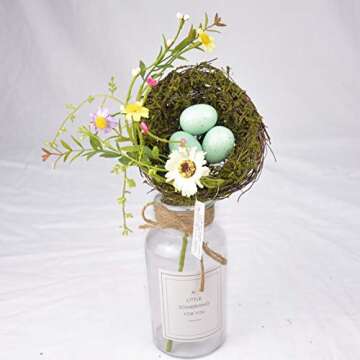 GREENSTORE 2PCS Easter Simulation Bird Nest with Eggs, Handmade Rattan Bird Nest with Flowers and Eggs, Easter Wreath Decorative Birds Nest for Front Door Wall Home Decor Party