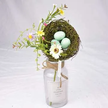 GREENSTORE 2PCS Easter Simulation Bird Nest with Eggs, Handmade Rattan Bird Nest with Flowers and Eggs, Easter Wreath Decorative Birds Nest for Front Door Wall Home Decor Party