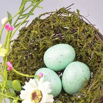 GREENSTORE 2PCS Easter Simulation Bird Nest with Eggs, Handmade Rattan Bird Nest with Flowers and Eggs, Easter Wreath Decorative Birds Nest for Front Door Wall Home Decor Party