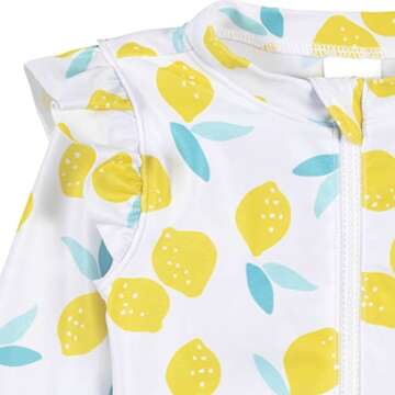 Gerber Girls' Toddler Long Sleeve One Piece Rashguard Swimsuit, White Yellow Lemons, 3-6 Months