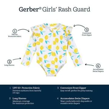 Gerber Girls' Toddler Long Sleeve One Piece Rashguard Swimsuit, White Yellow Lemons, 3-6 Months