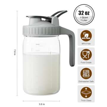 Breast Milk Pitcher, Mason Jar 32 oz, Heavy Duty Wide Mouth Jar with Flip Cap Lid and Pour Spout - A...