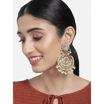I Jewels Gold Plated Indian Wedding Bollywood Chandbali Kundan & Pearl Earrings for Women (E7077W)