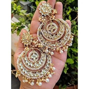 I Jewels Gold Plated Indian Wedding Bollywood Chandbali Kundan & Pearl Earrings for Women (E7077W)