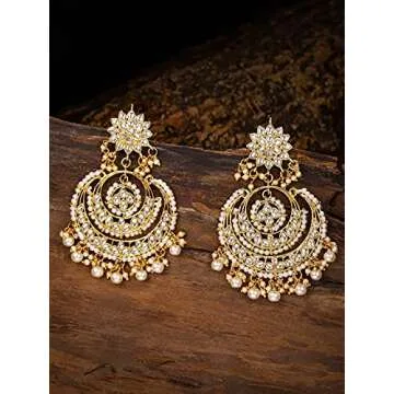 I Jewels Gold Plated Indian Wedding Bollywood Chandbali Kundan & Pearl Earrings for Women (E7077W)