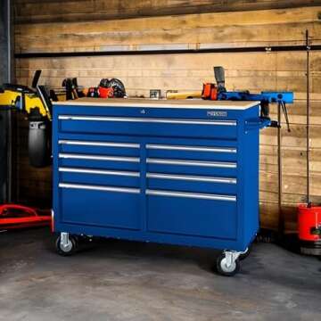 46 In. 9-Drawer Mobile Storage Cabinet With Solid Wood Top - Blue Workbench